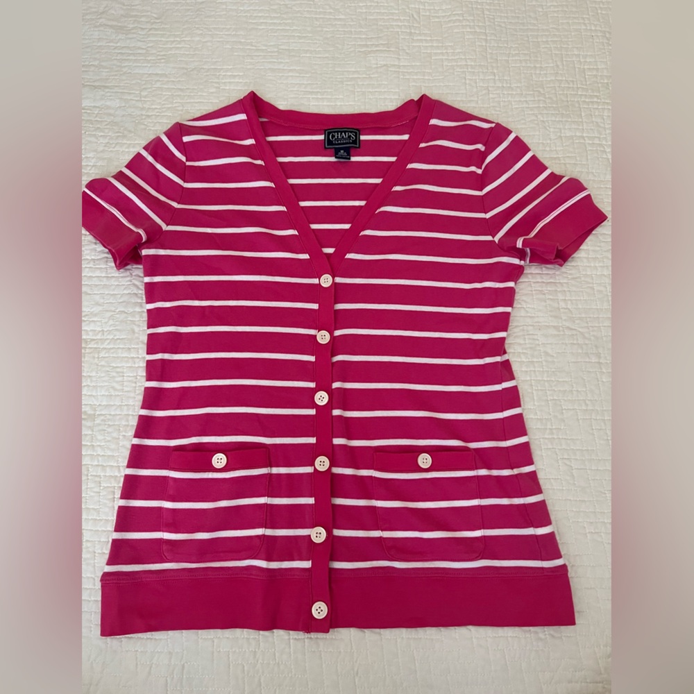 Chaps Pink & White Striped Short Sleeve Button Down Classic Cardigan Top Sz M